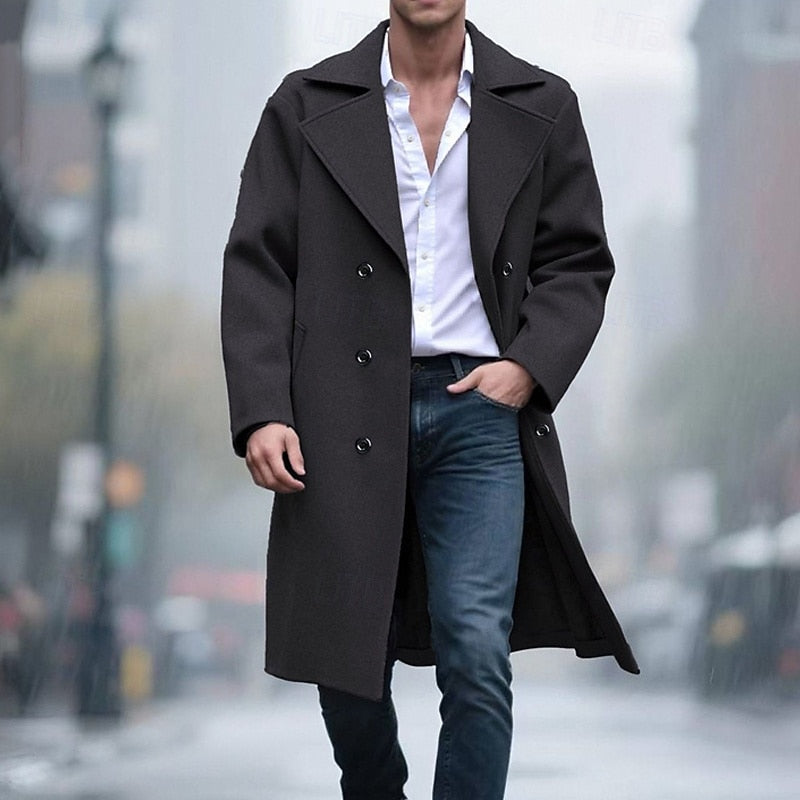 Men's Sharp-Lapel Tailored Overcoat with Double-Breasted Closure