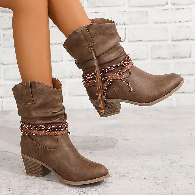 Women's Suede Gathered-Shaft Booties with Braided Ankle Band - Brown