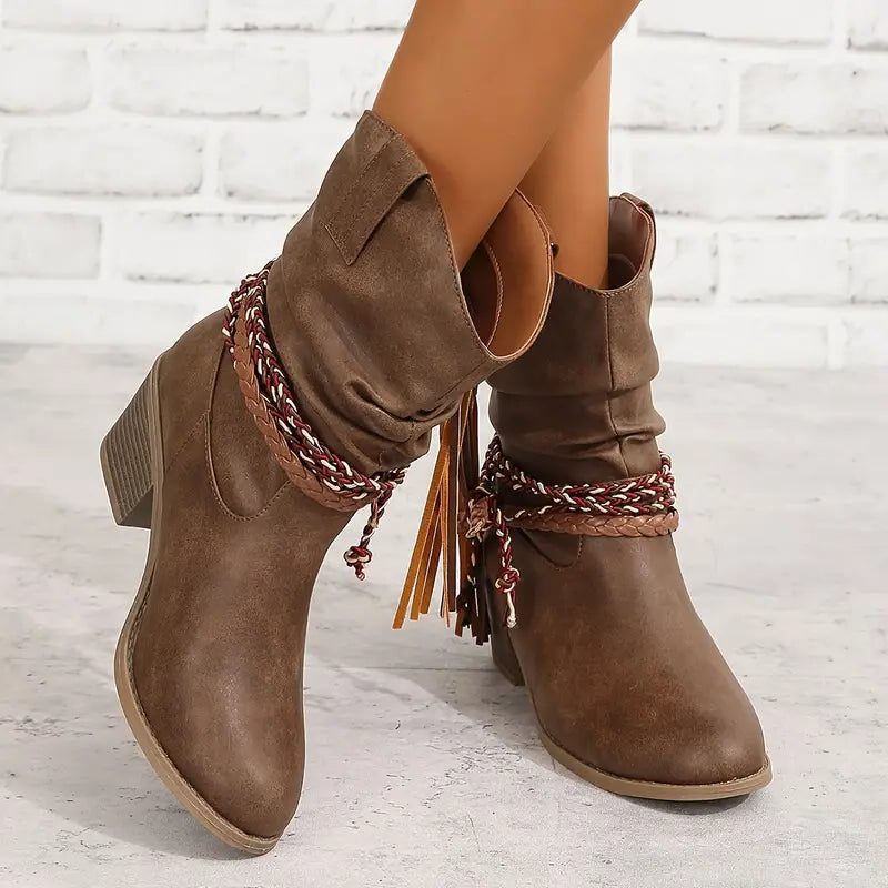 Women's Suede Gathered-Shaft Booties with Braided Ankle Band