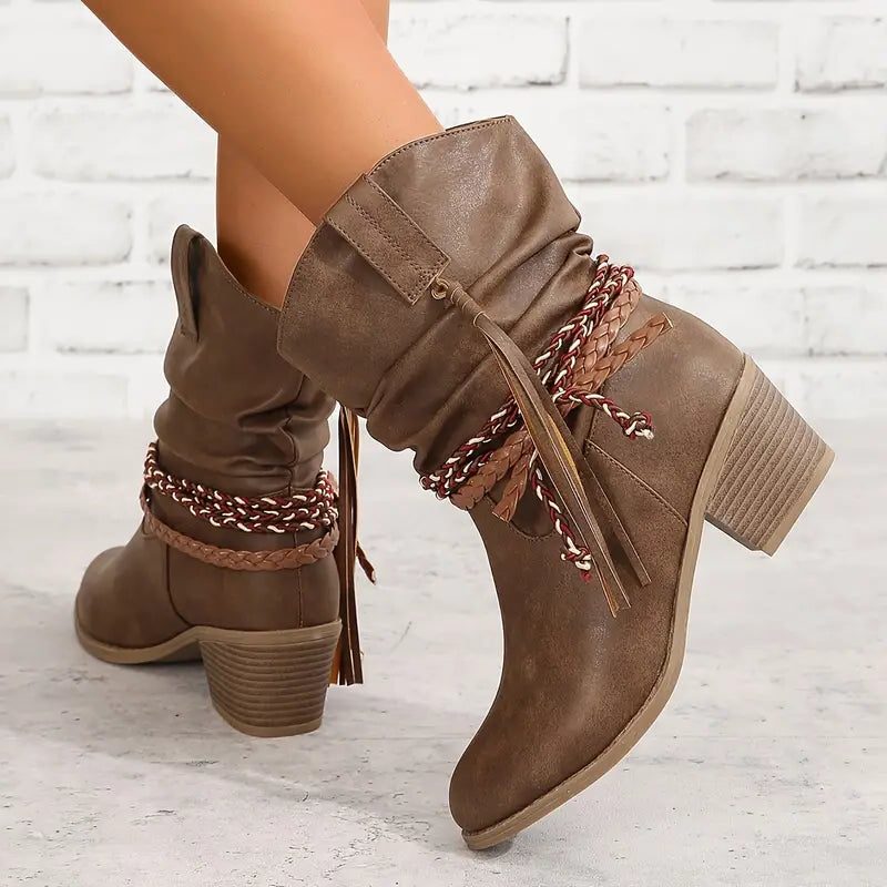Women's Suede Gathered-Shaft Booties with Braided Ankle Band