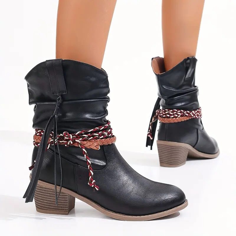 Women's Suede Gathered-Shaft Booties with Braided Ankle Band