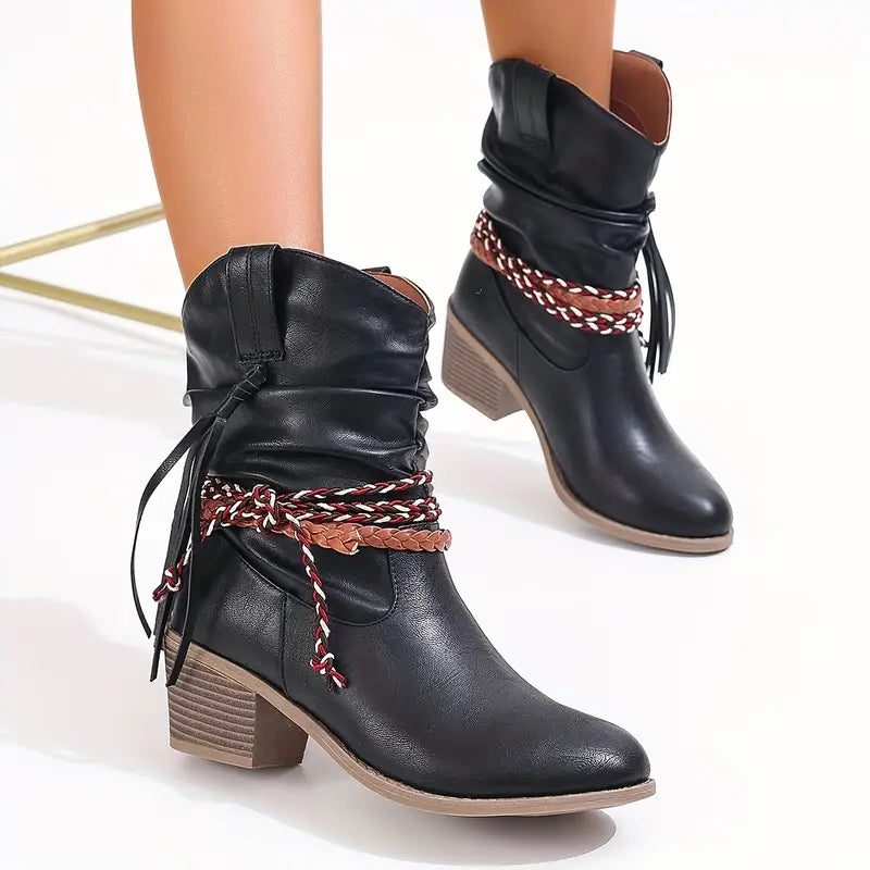 Women's Suede Gathered-Shaft Booties with Braided Ankle Band