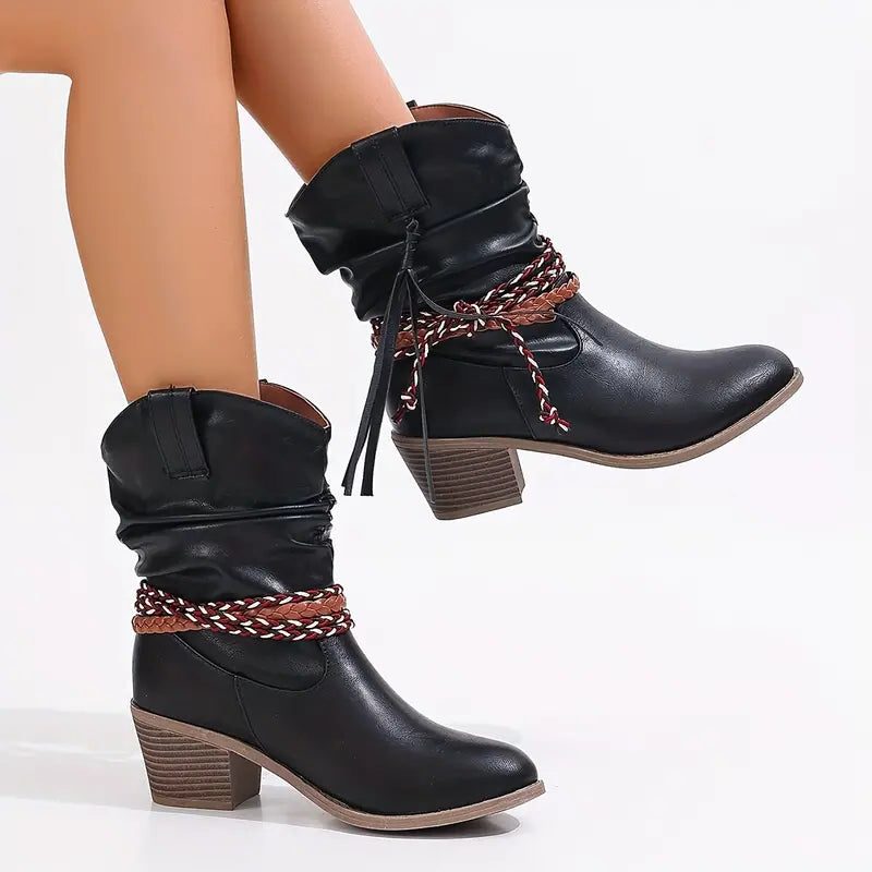 Women's Suede Gathered-Shaft Booties with Braided Ankle Band