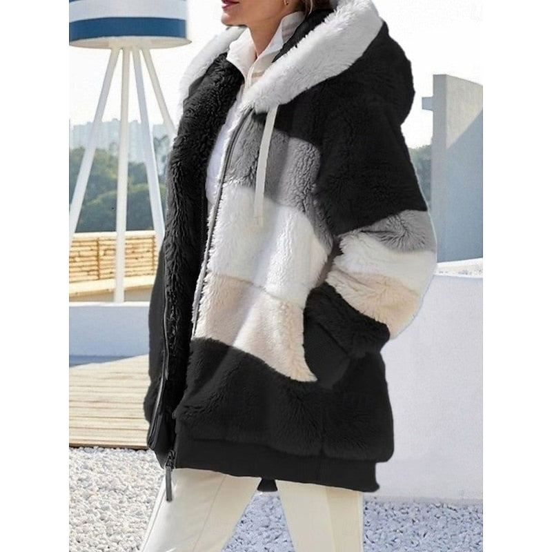 Women's Hooded Plush Zip Jacket with Hand-Warmer Pockets