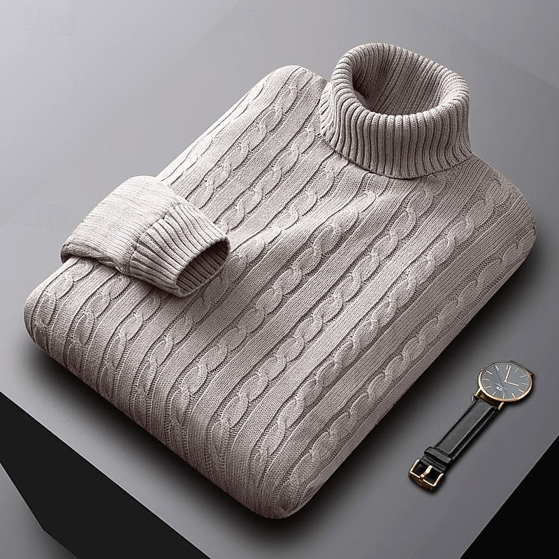 Men's Dense Cable-Knit Turtleneck Sweater with Ribbed Collar - Apricot