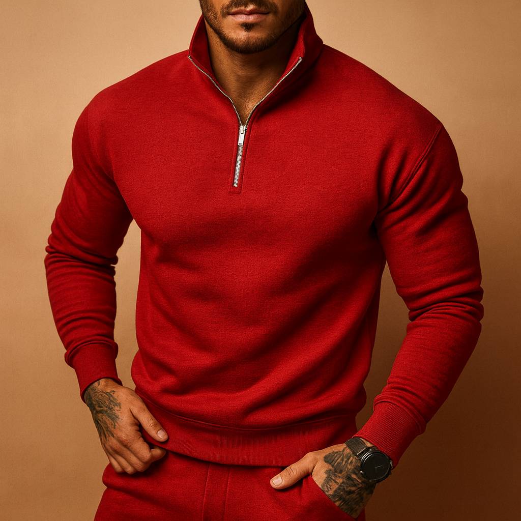 Men's High-Neck Half-Zip Pullover Sweatshirt - Red