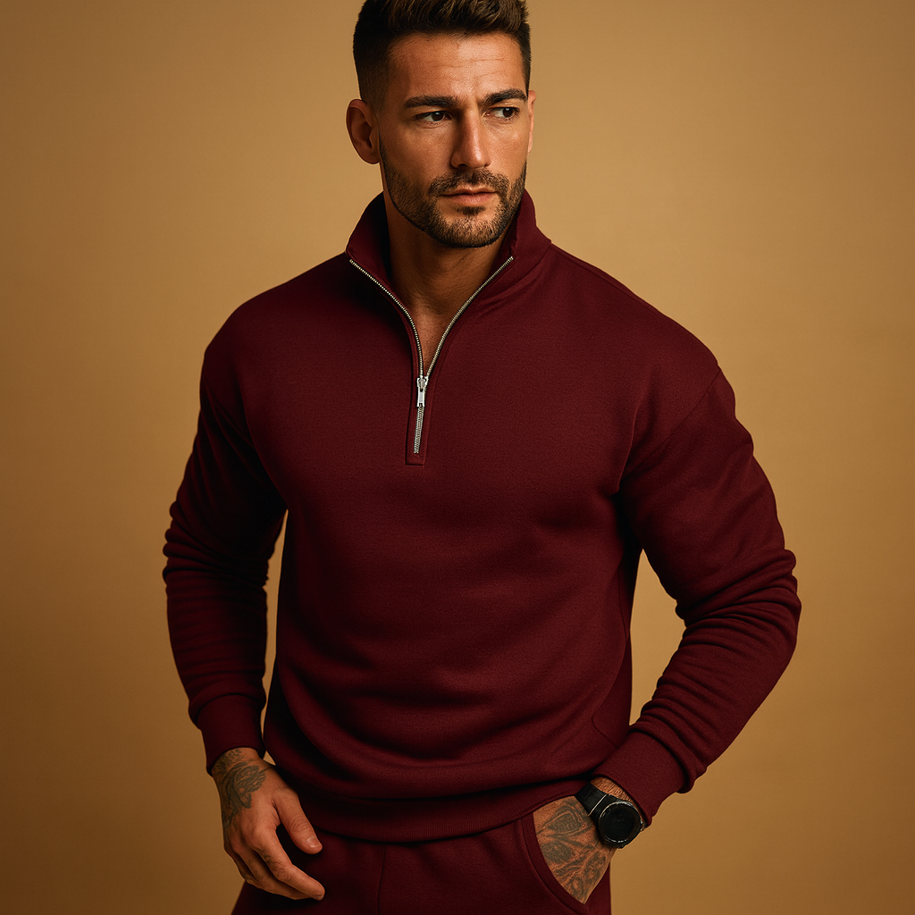 Men's High-Neck Half-Zip Pullover Sweatshirt - Wine Red