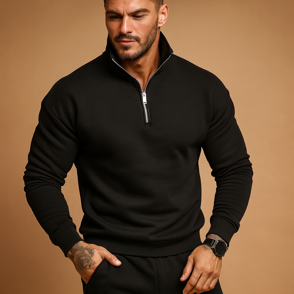 Men's High-Neck Half-Zip Pullover Sweatshirt - Black