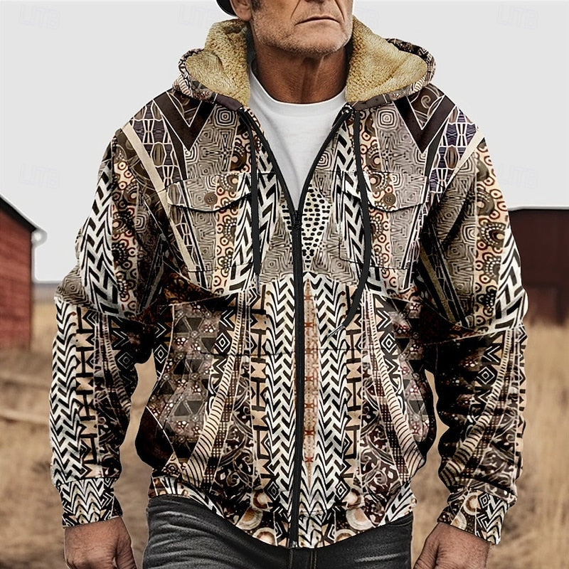 Men's Heritage Print Hooded Jacket with Lined Body and Full Zip - Khaki