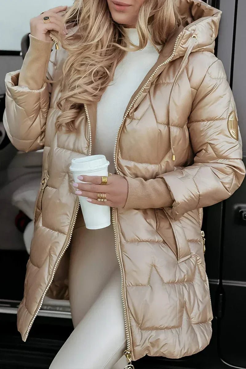Women's Glossy Longline Puffer Coat with Ribbed Cuffs - Beige