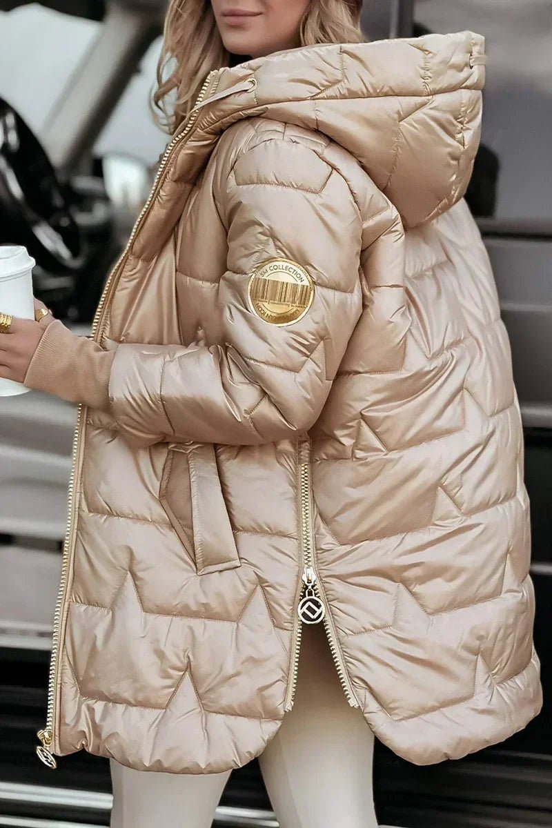 Women's Glossy Longline Puffer Coat with Ribbed Cuffs