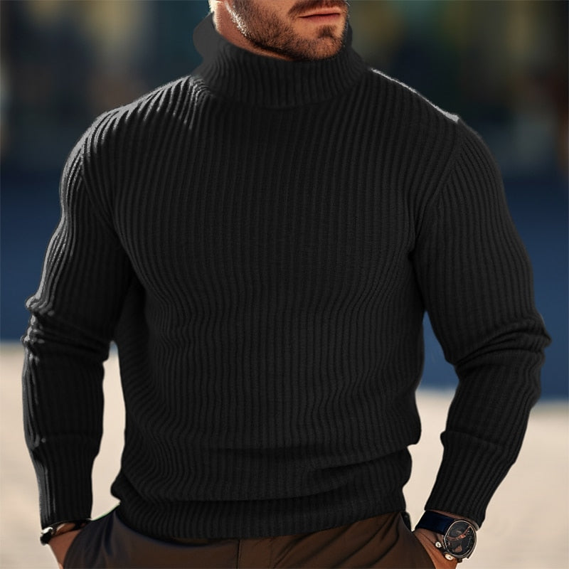 Men's Slim Rib-Knit Turtleneck Sweater for Jacket Layering - Black