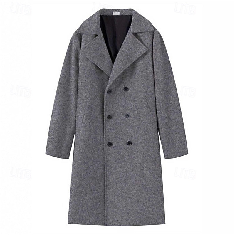 Men's Sharp-Lapel Tailored Overcoat with Double-Breasted Closure