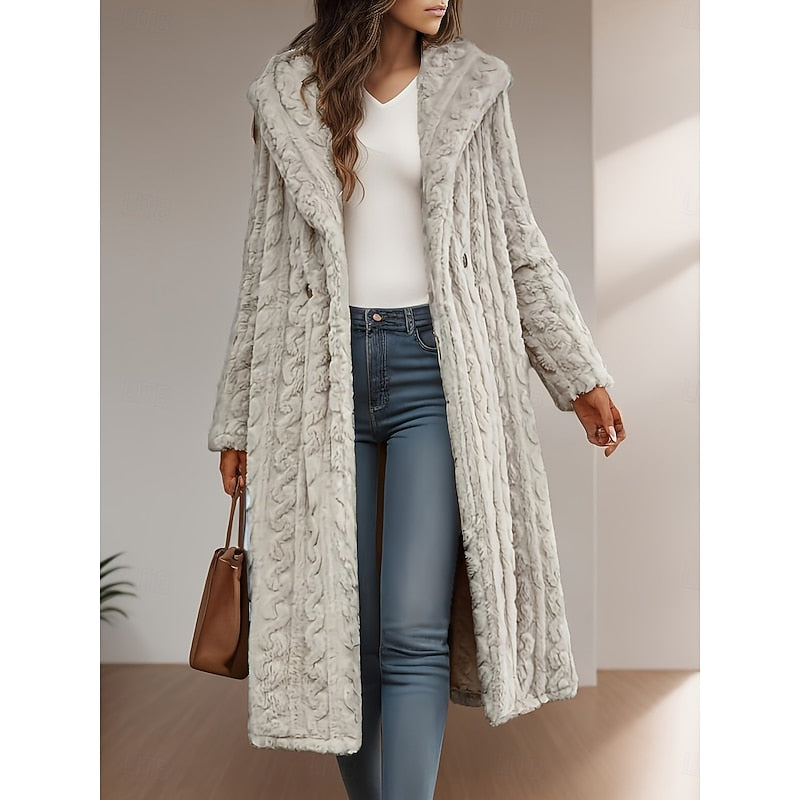 Women's Relaxed Plush Hooded Coat in a Longline Cut - Apricot