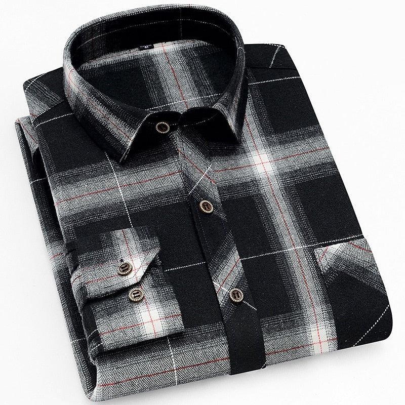 Men's Plaid Shirt with Turn-Down Collar and Chest Pocket - Black