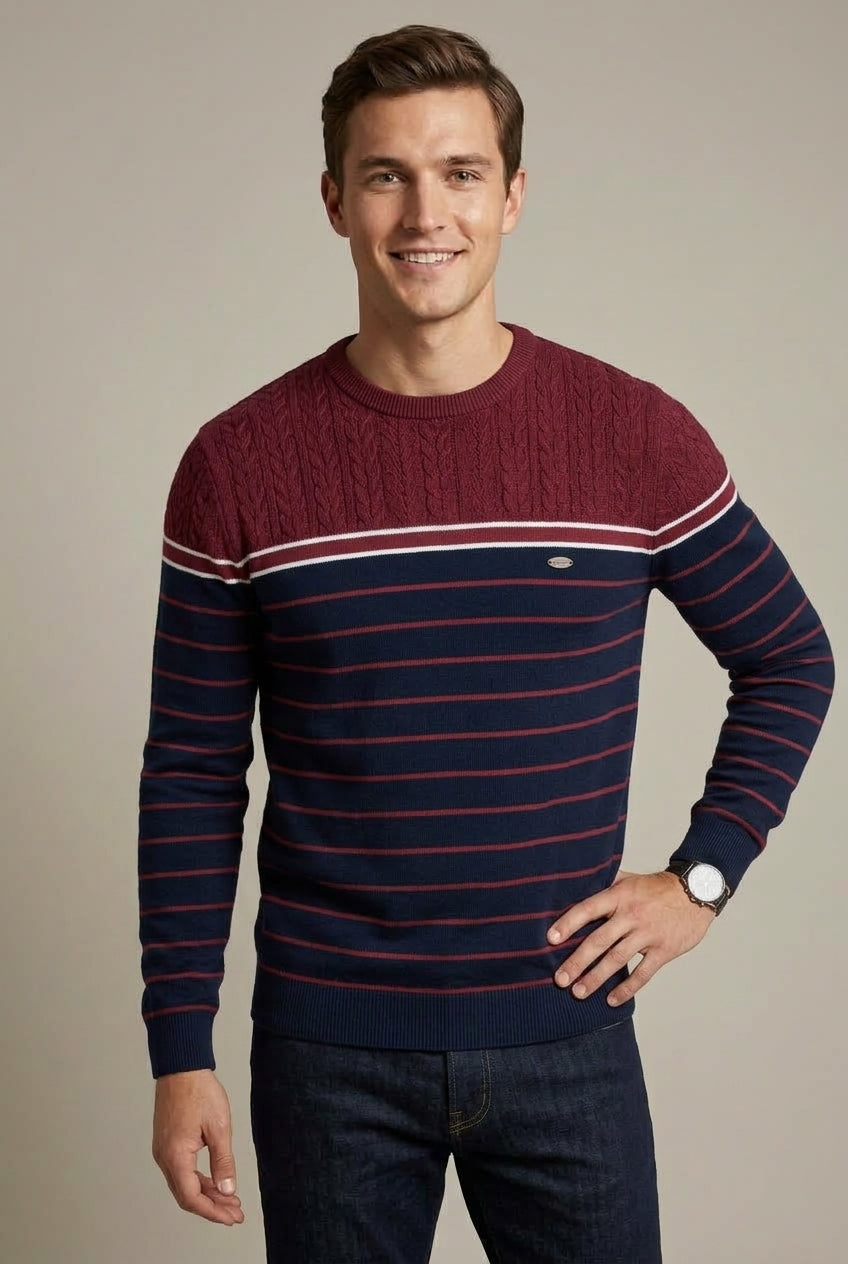 Men's Casual Striped Pullover Sweater with Crew Neck - Navy