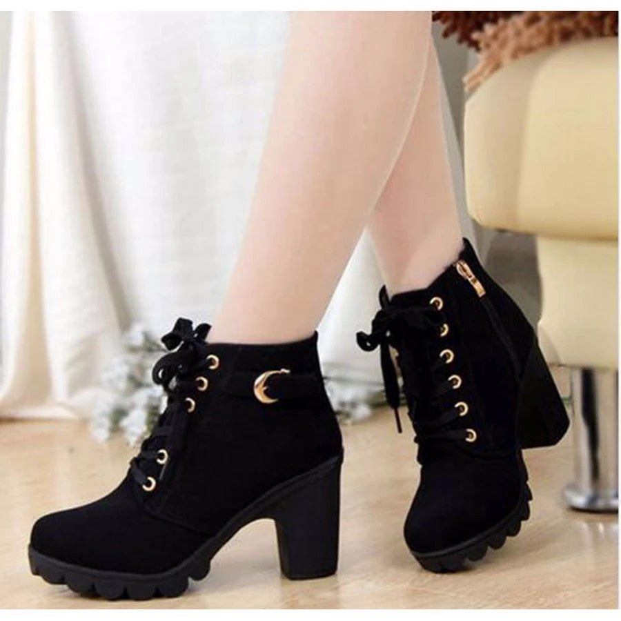 Women's Eyelet Lace-Up Block Heel Booties with Side Buckle