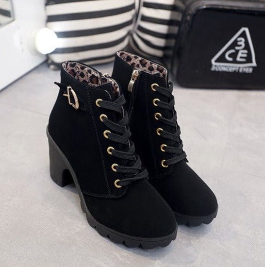 Women's Eyelet Lace-Up Block Heel Booties with Side Buckle - Black