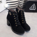 Women's Eyelet Lace-Up Block Heel Booties with Side Buckle - Black