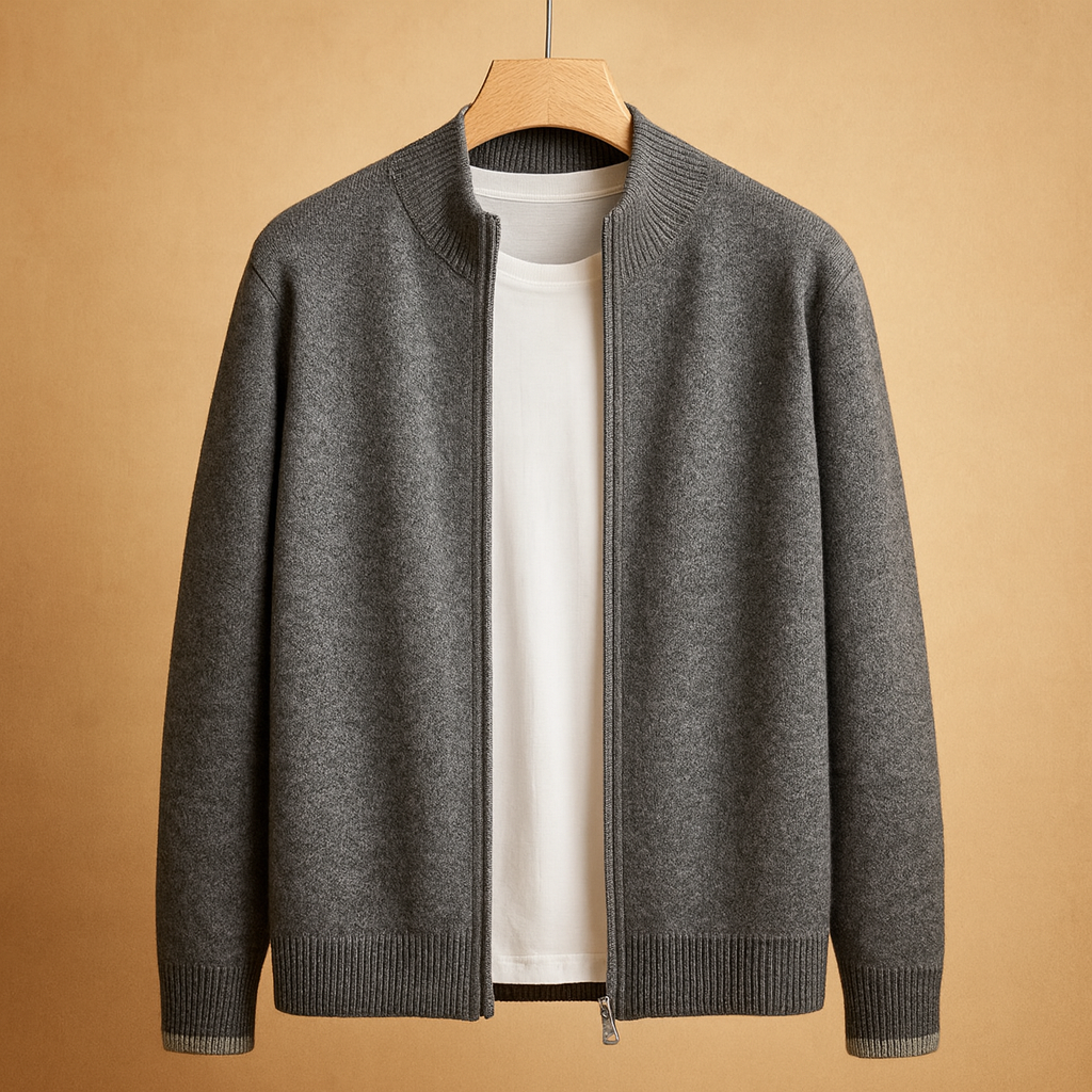 Men's Stand-Collar Zip-Up Knit Cardigan in a Regular Fit - Gray