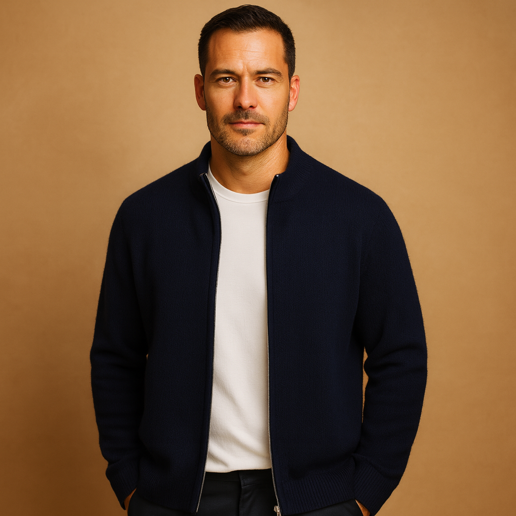 Men's Stand-Collar Zip-Up Knit Cardigan in a Regular Fit - Navy Blue