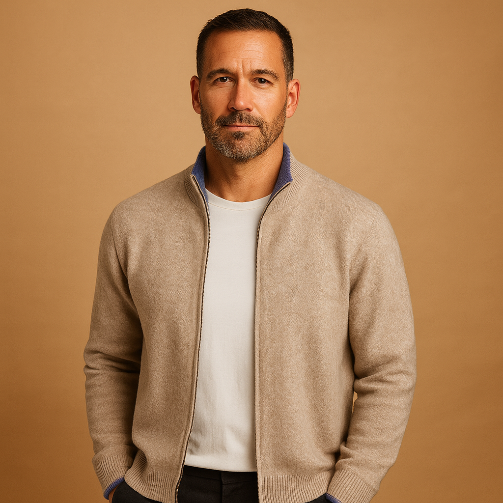 Men's Stand-Collar Zip-Up Knit Cardigan in a Regular Fit - Khaki