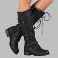 Women's Buckled Leather Mid-Calf Boots with Laces and Low Block Heel - Black