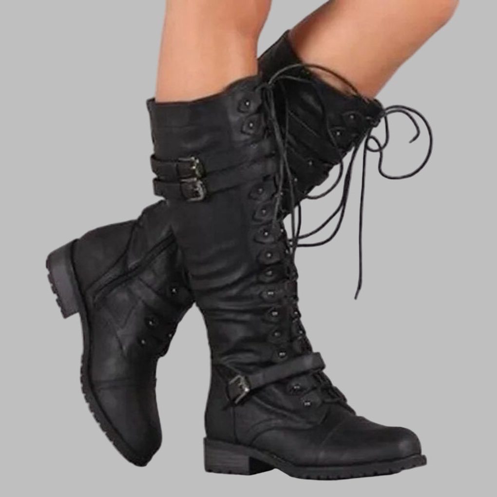 Women's Buckled Leather Mid-Calf Boots with Laces and Low Block Heel - Black