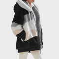 Women's Fleece-Lined Color-Block Puffer Jacket with Kangaroo Pockets - Black