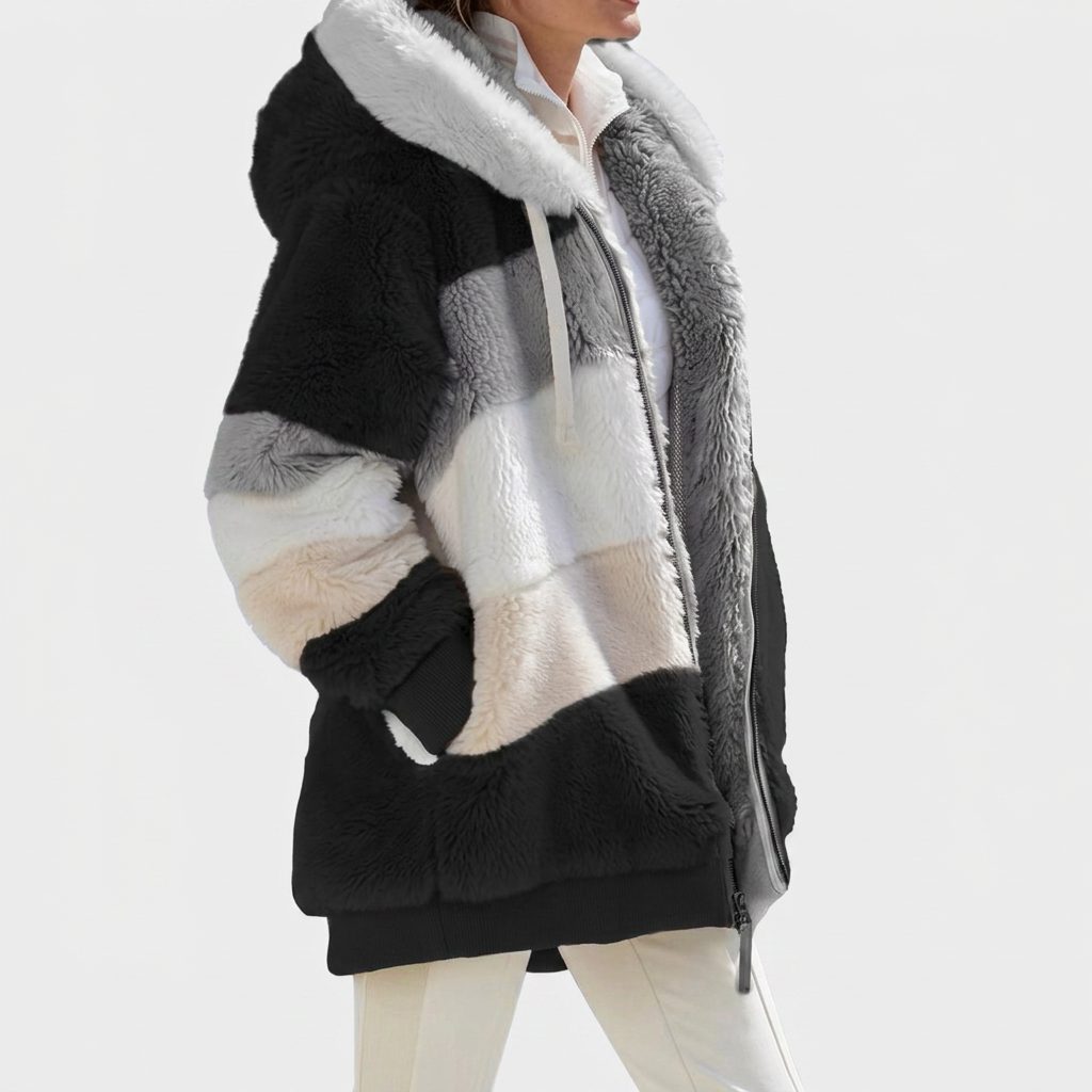 Women's Fleece-Lined Color-Block Puffer Jacket with Kangaroo Pockets - Black