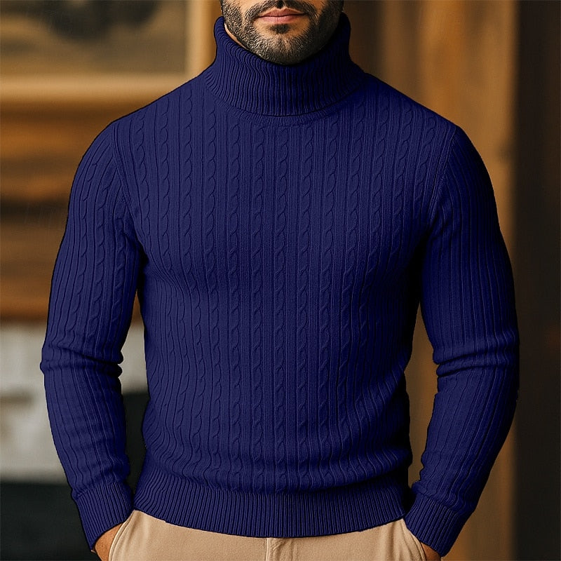 Men's Twisted-Cable Rolled-Neck Sweater in a Slim Cut - Navy Blue