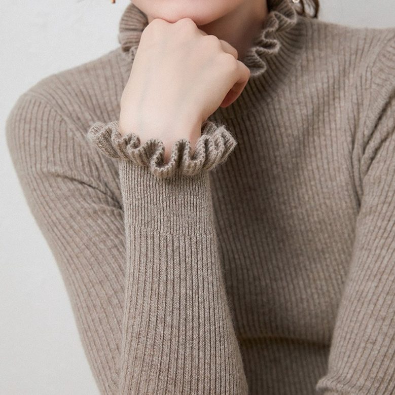 Women's Fitted Ribbed Turtleneck Sweater with Ruffled Neck and Cuffs - Brown