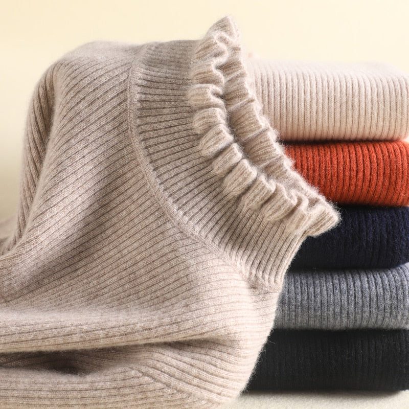 Women's Fitted Ribbed Turtleneck Sweater with Ruffled Neck and Cuffs