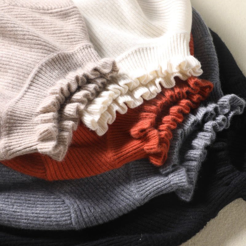 Women's Fitted Ribbed Turtleneck Sweater with Ruffled Neck and Cuffs