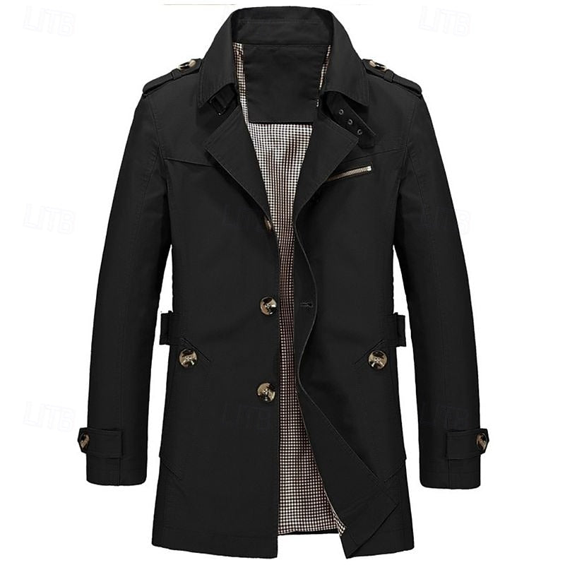 Men's Three-Season Trench Coat with Button Front and Lapel Collar - Black