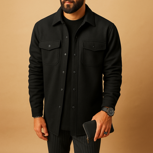 Men's Brushed Flannel Button-Up with Two Chest Pockets - Black
