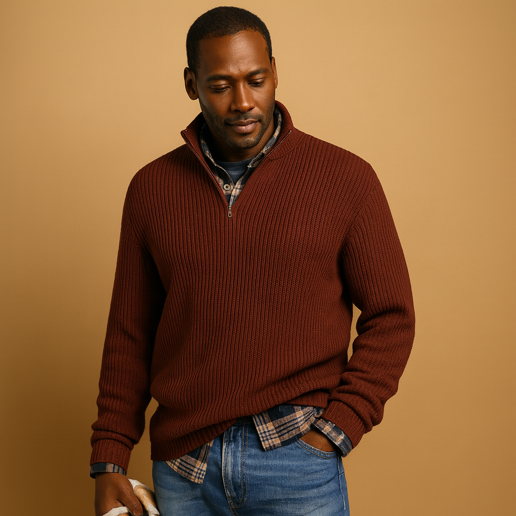 Men's Wool Ribbed Quarter-Zip Sweater for Winter Commutes - Wine Red