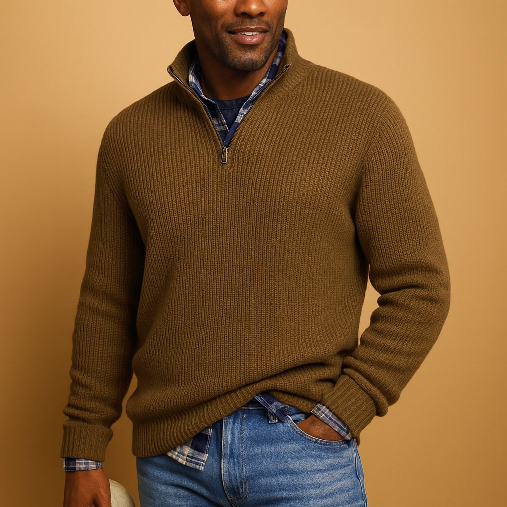 Men's Wool Ribbed Quarter-Zip Sweater for Winter Commutes - Brown