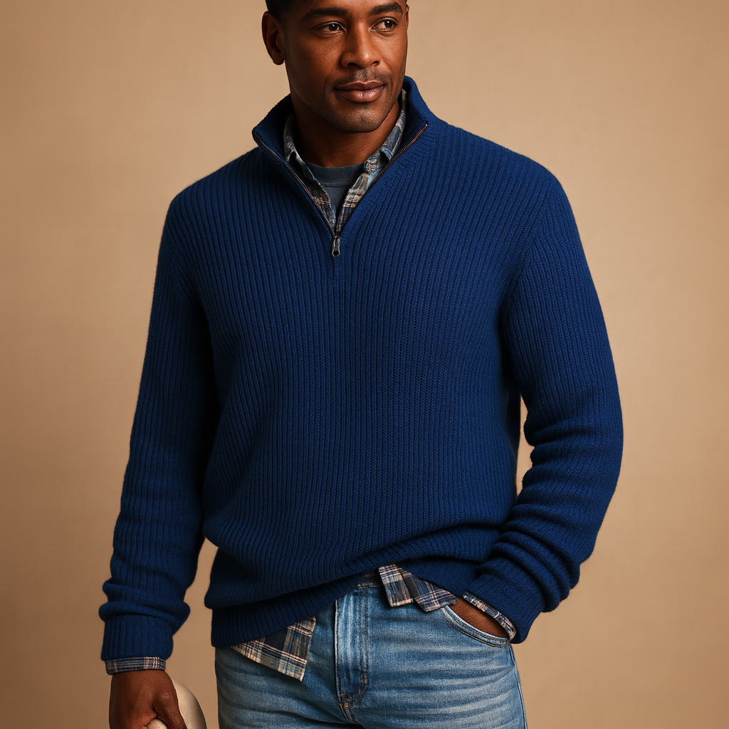 Men's Wool Ribbed Quarter-Zip Sweater for Winter Commutes - Dark Blue