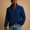 Men's Wool Ribbed Quarter-Zip Sweater for Winter Commutes - Dark Blue