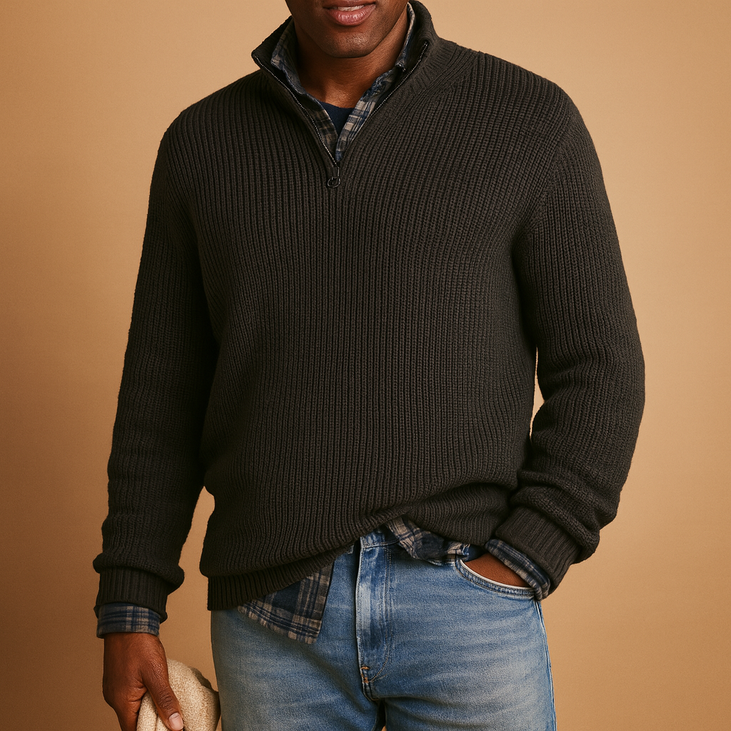 Men's Wool Ribbed Quarter-Zip Sweater for Winter Commutes - Black