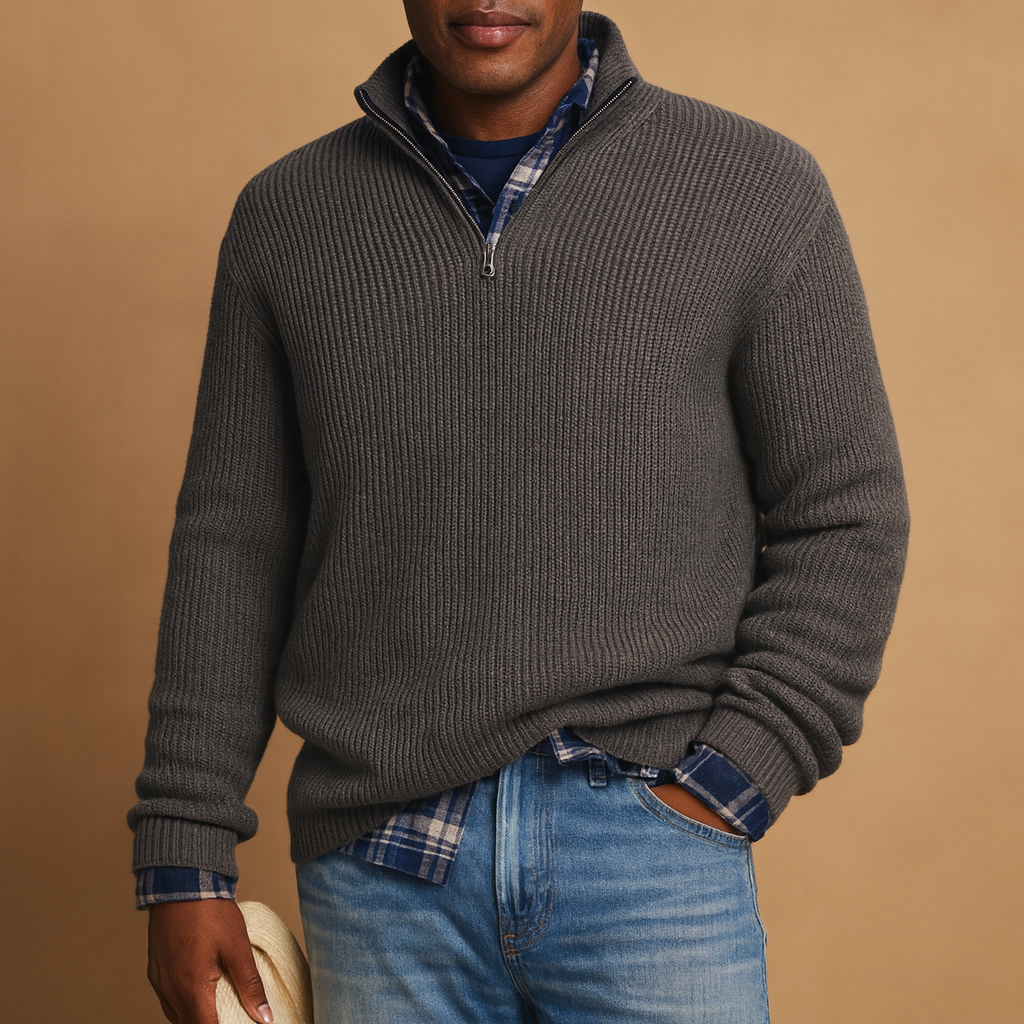 Men's Wool Ribbed Quarter-Zip Sweater for Winter Commutes - Gray