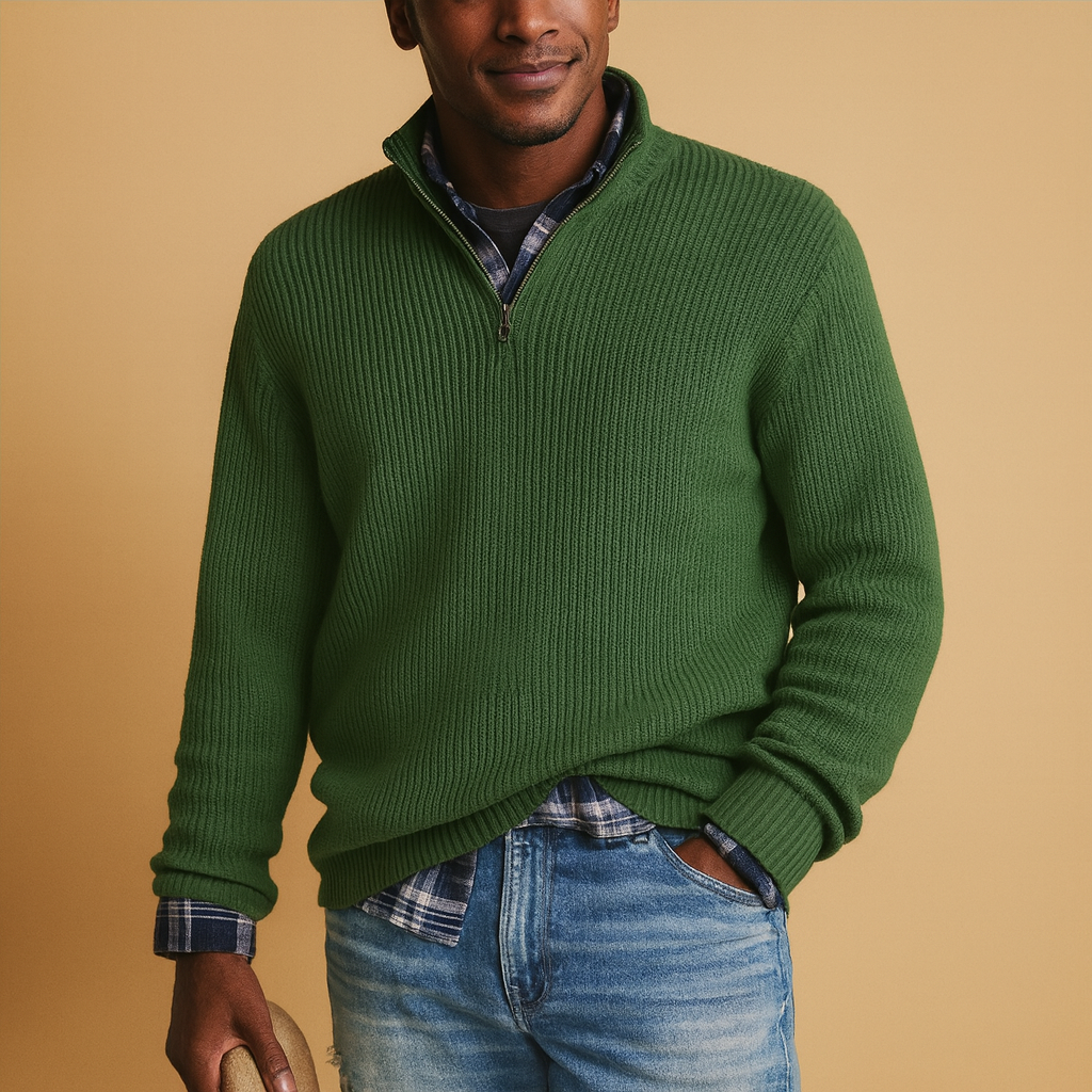 Men's Wool Ribbed Quarter-Zip Sweater for Winter Commutes - Green