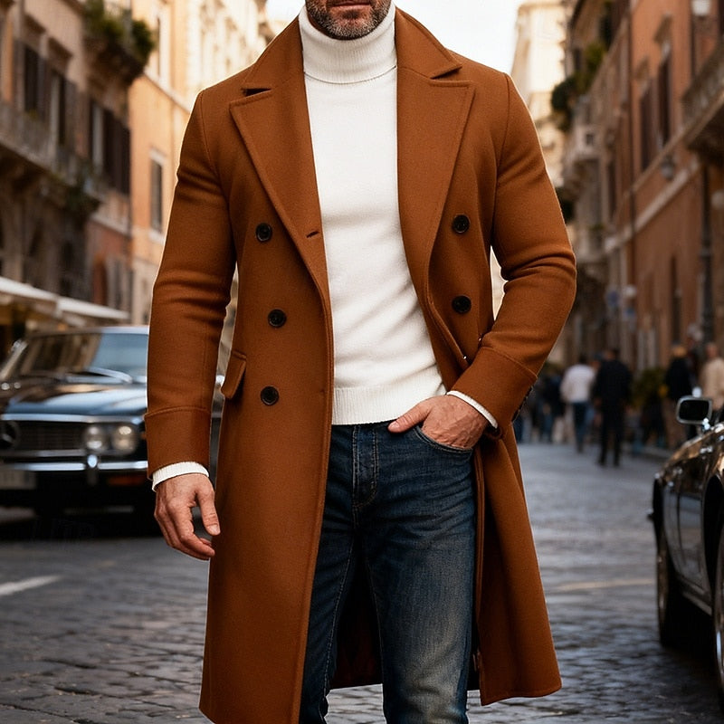 Men's Longline Double-Breasted Topcoat with Generous Pockets