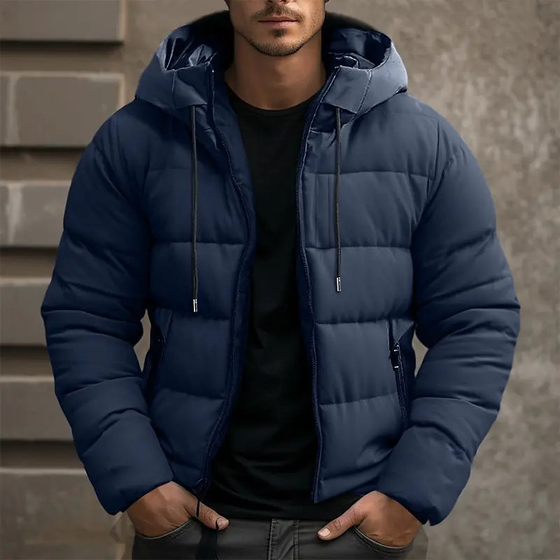 Men's Drawstring-Hood Puffer Jacket with Wind-Resistant Shell - Dark Blue