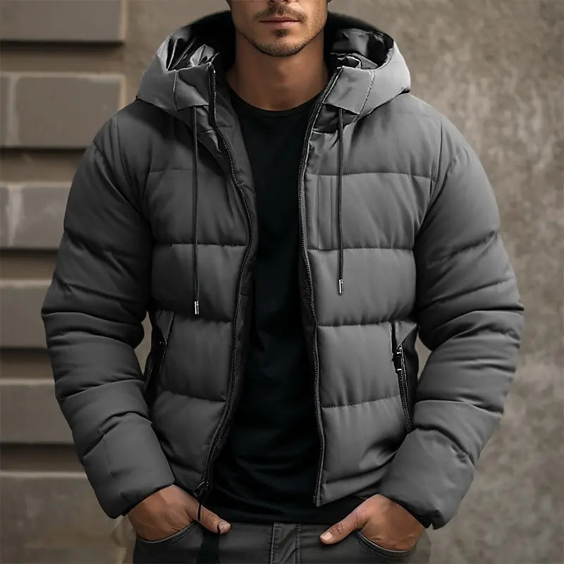 Men's Drawstring-Hood Puffer Jacket with Wind-Resistant Shell - Gray