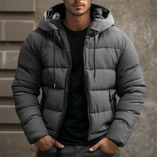 Men's Drawstring-Hood Puffer Jacket with Wind-Resistant Shell - Gray