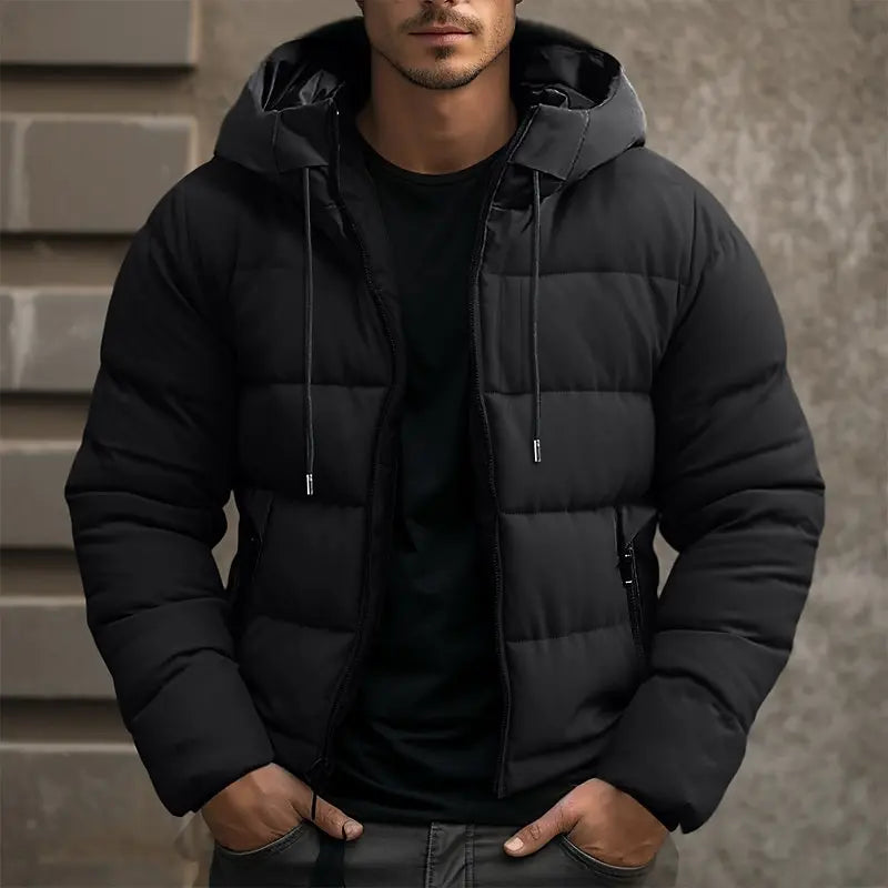 Men's Drawstring-Hood Puffer Jacket with Wind-Resistant Shell - Black