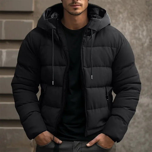 Men's Drawstring-Hood Puffer Jacket with Wind-Resistant Shell - Black