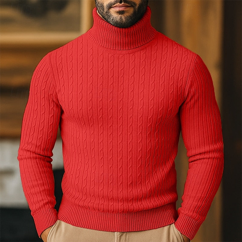 Men's Twisted-Cable Rolled-Neck Sweater in a Slim Cut - Red